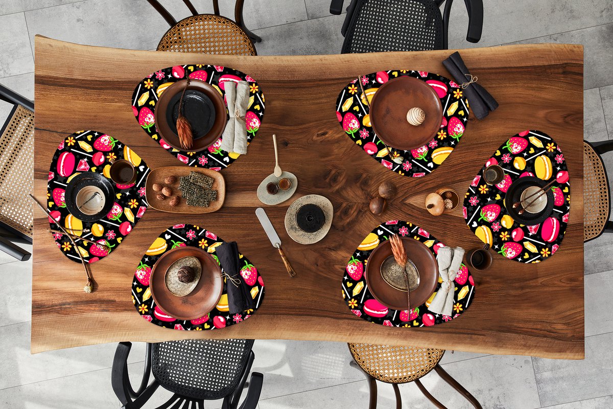 Placemat organisch - Placemats organic - Onderleggers - Snoep - Patroon - Aardbei - 6 stuks
