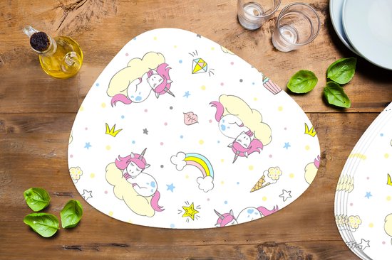 Set de table bio - Napperons bio - Sets de table - Licorne - Motifs - Arc-en-ciel - 6 pièces
