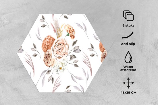 Napperons hexagon - Sets de table - Set de table hexagone - Motifs - Fleurs - Rose - Wit - 8 pièces