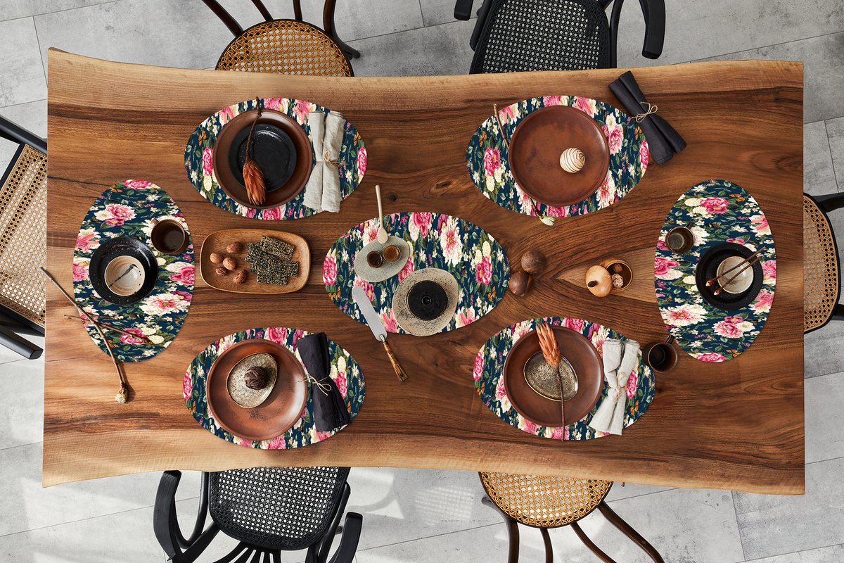 Placemats ovaal - Onderleggers - Ovale placemats - Patronen - Roos - Bladeren - 8 stuks