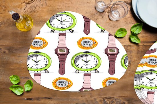 Set de table bio - Napperons bio - Sous-verres - Wekker - Montres - Chronomètre - Motifs - 8 pièces