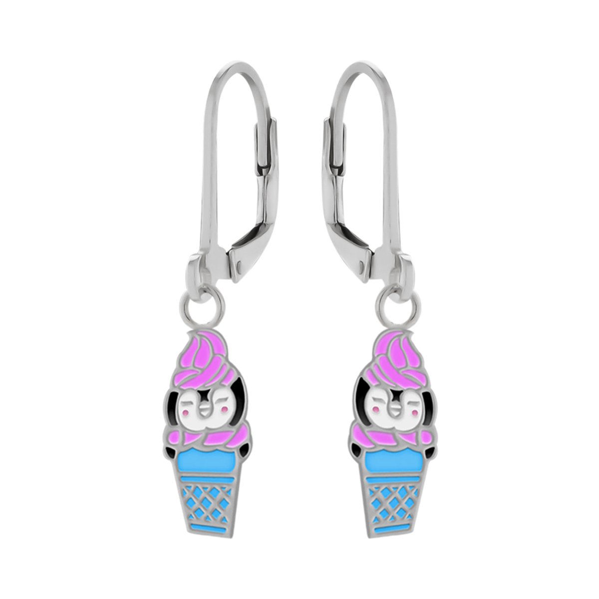Oorbellen meisje | Zilveren kinderoorbellen | Zilveren oorhangers, roze pinguïnijsje in blauw bakje