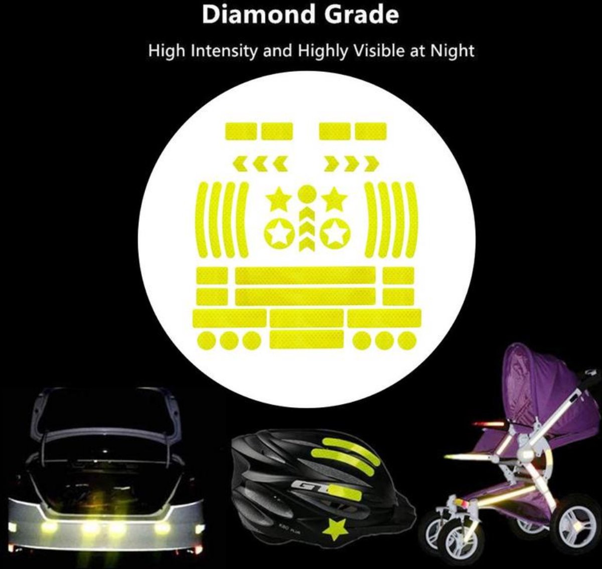 Fietsreflector - Reflecterende Veiligheids stickers geel - Reflectie tape voor in het verkeer - Maak wandelwagens, koffers, buggy's, skelters, helms, fietsen etc goed zichtbaar in het donker. — afbeelding 3