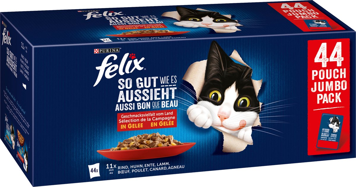 Felix Felix katten Natvoer, adult, diverse smaken van het platteland in gelei, multipack (44 x 85g), 3,74 kg