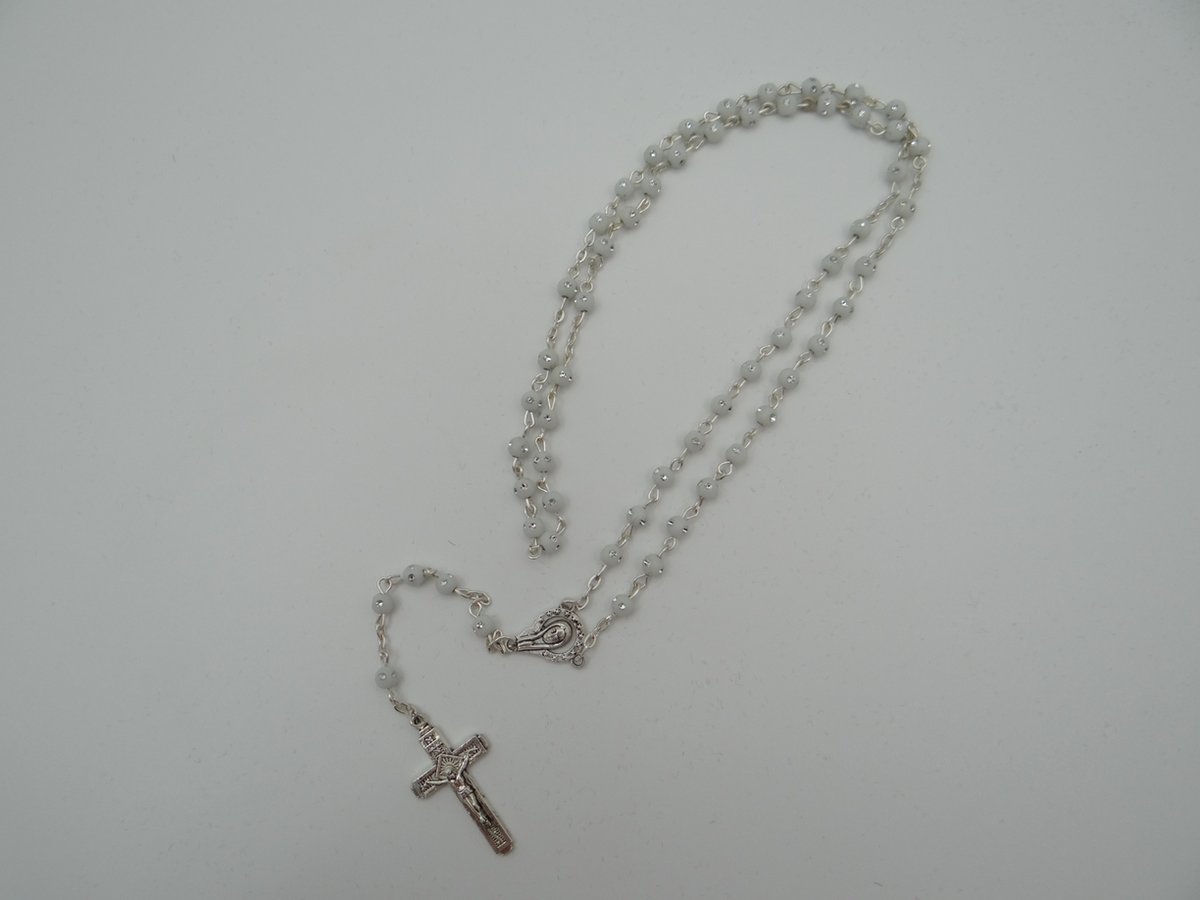 Rozenkrans witte kralen - INRI ketting - Dames ketting - Heren ketting