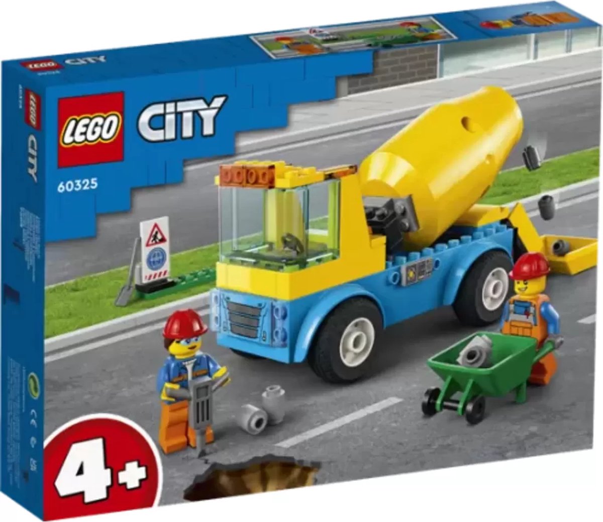 LEGO® City Cementwagen 60325 bouwset; met een ronddraaiende mengtrommel, plus een bord voor wegwerkzaamheden, drilboor, kruiwagen en minifiguren van wegwerkers; bouwvoertuig voor kinderen vanaf 4 jaar (85 onderdelen) — afbeelding 11