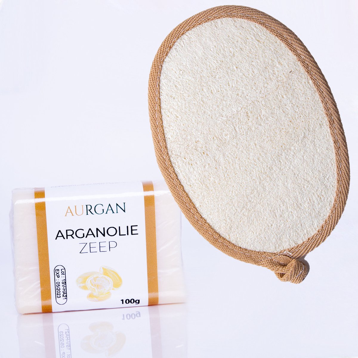 Goedkoopste Aurgan Arganolie zeep met loofah scrubpad - douchezeep