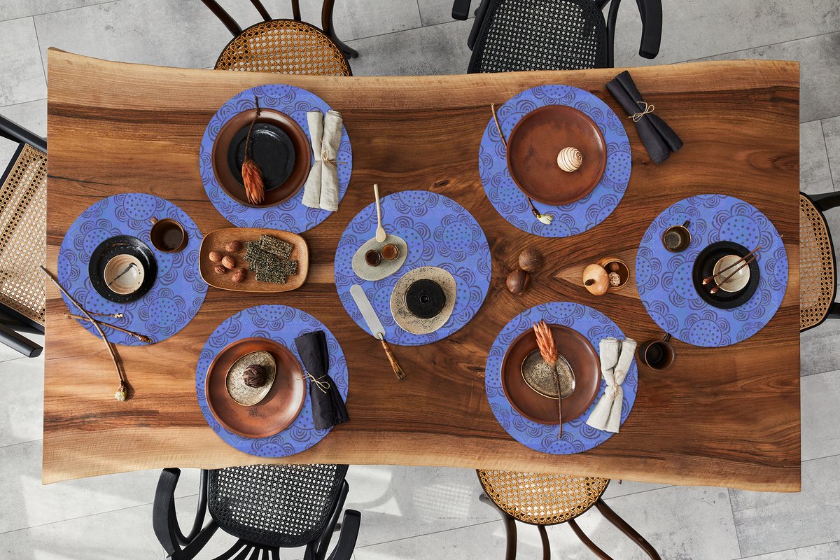 Ronde placemats - Onderlegger - Placemats rond - Bloemen - Patronen - Blauw - 8 stuks