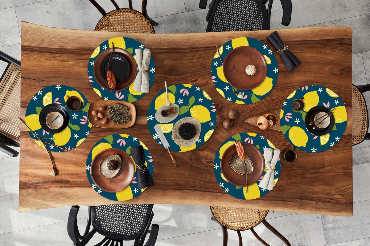 Ronde placemats - Onderlegger - Placemats rond - Citroen - Patronen - Zomer - 8 stuks
