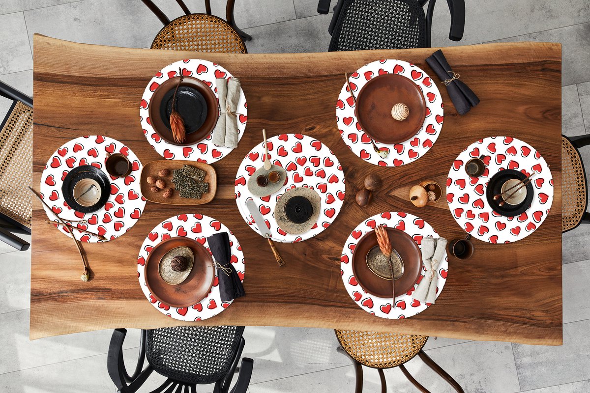 Ronde placemats - Onderlegger - Placemats rond - Valentijn - Hart - Patroon - 8 stuks