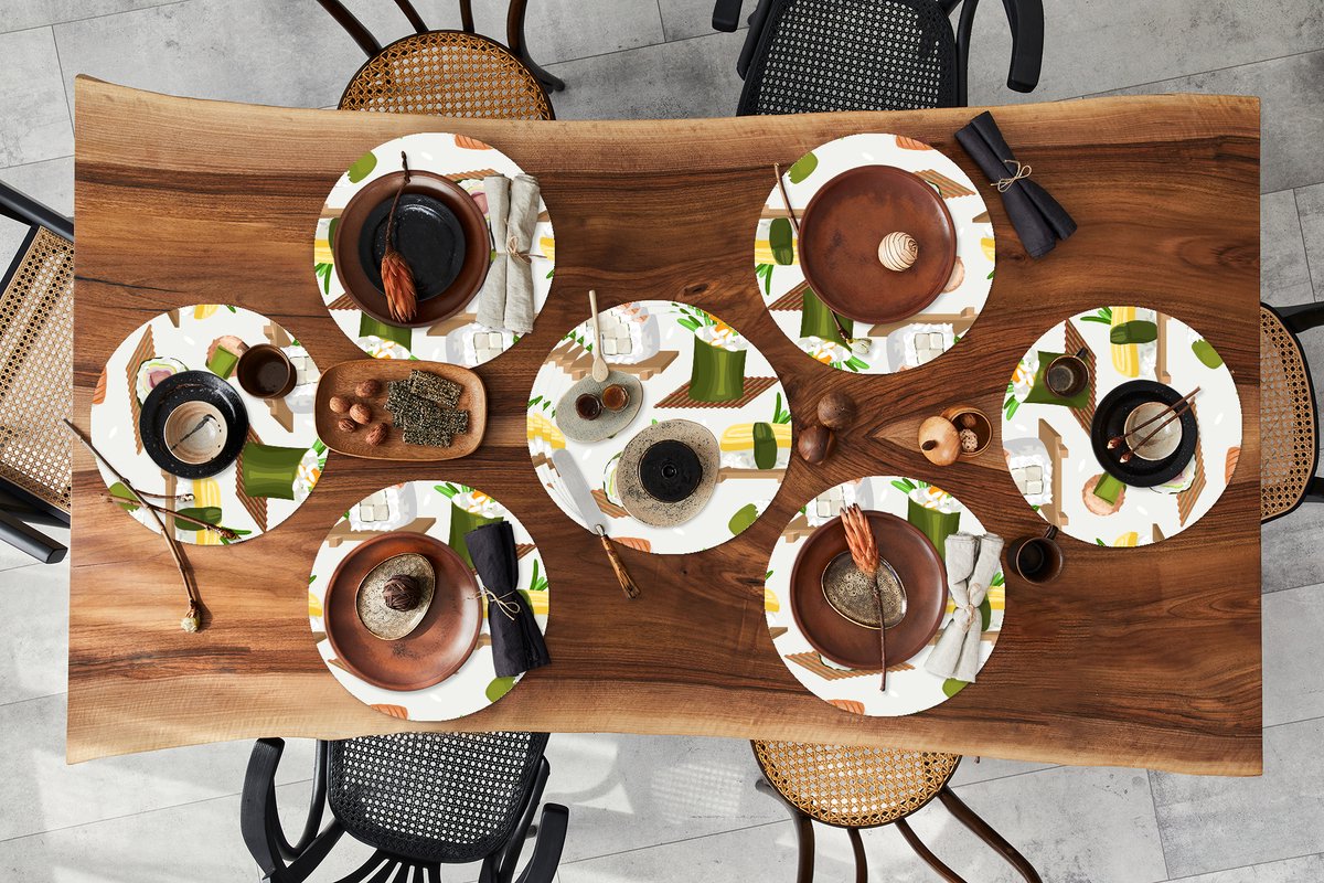 Ronde placemats - Onderlegger - Placemats rond - Sushi - Patronen - Eten - 10 stuks