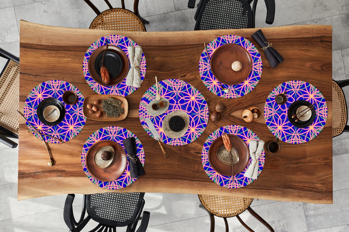 Ronde placemats - Onderlegger - Placemats rond - Bloemen - Neon - Patroon - 10 stuks