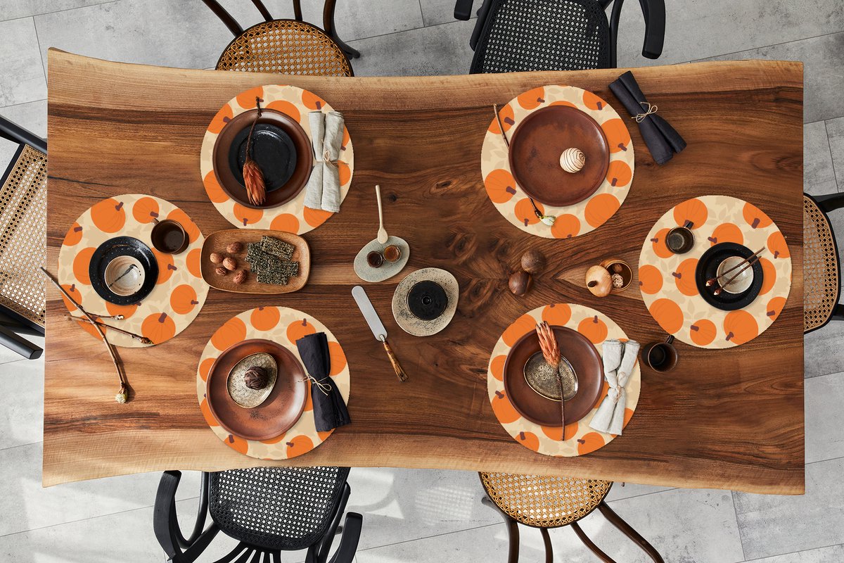 Ronde placemats - Onderlegger - Placemats rond - Herfst - Pompoen - Bladeren - Design - 6 stuks