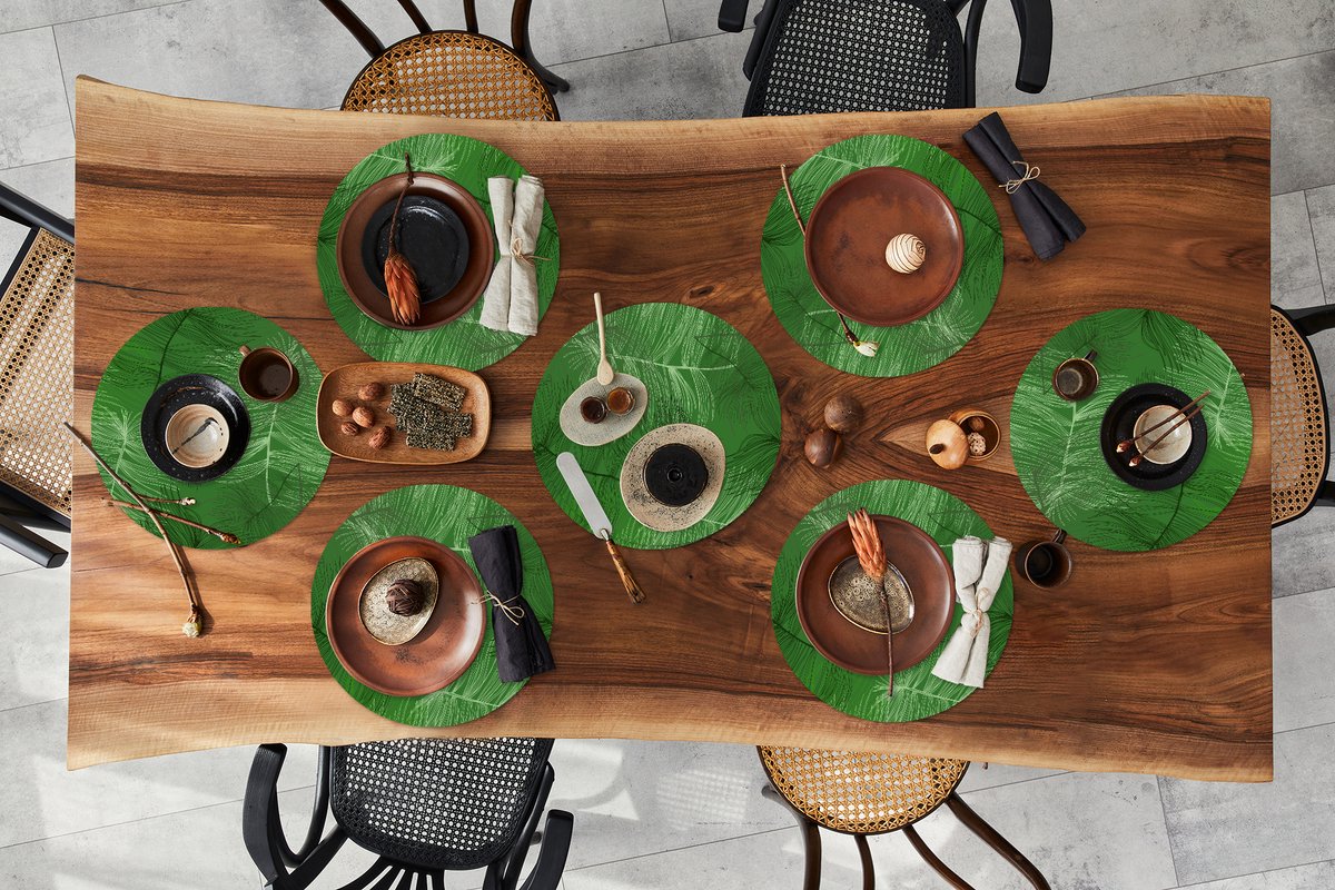 Ronde placemats - Onderlegger - Placemats rond - Patronen - Bladeren - Groen - 8 stuks