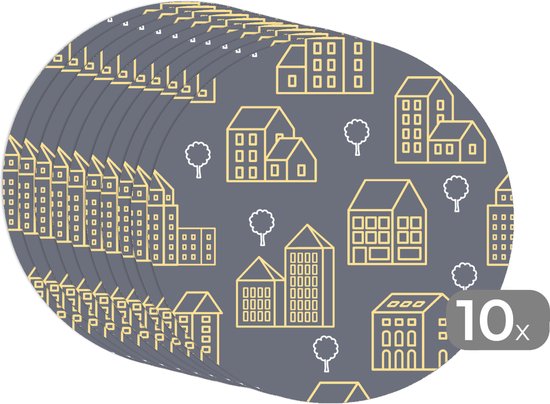 Sets de table ronds - Dessous de verre - Napperons ronds - Motifs - Bâtiments - Or - 10 pièces