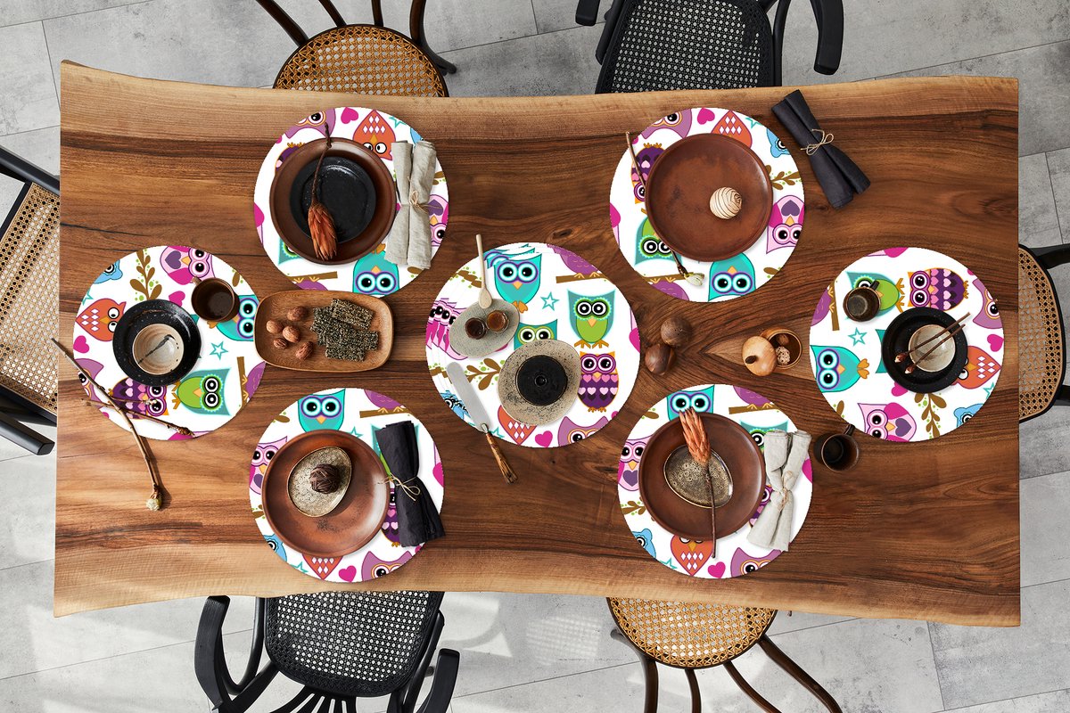 Ronde placemats - Onderlegger - Placemats rond - Design - Uilen - Dieren - 10 stuks