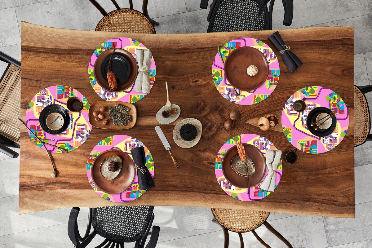 Ronde placemats - Onderlegger - Placemats rond - Skyline - Patronen - Roze - 6 stuks