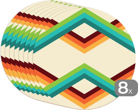 Sets de table ronds - Dessous de verre - Napperons ronds - Rétro - Rayures - Design - Seventies - 8 pièces