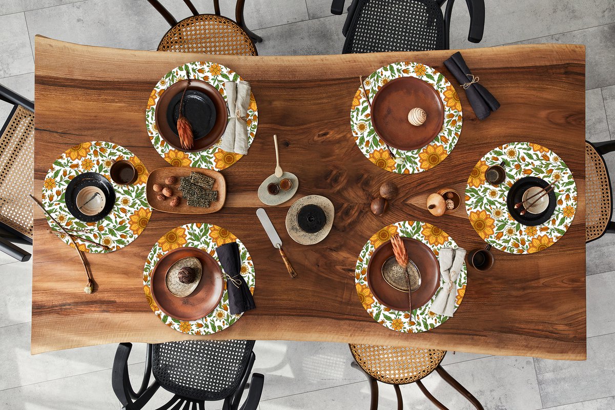 Ronde placemats - Onderlegger - Placemats rond - Bloemen - Oranje - Design - 6 stuks