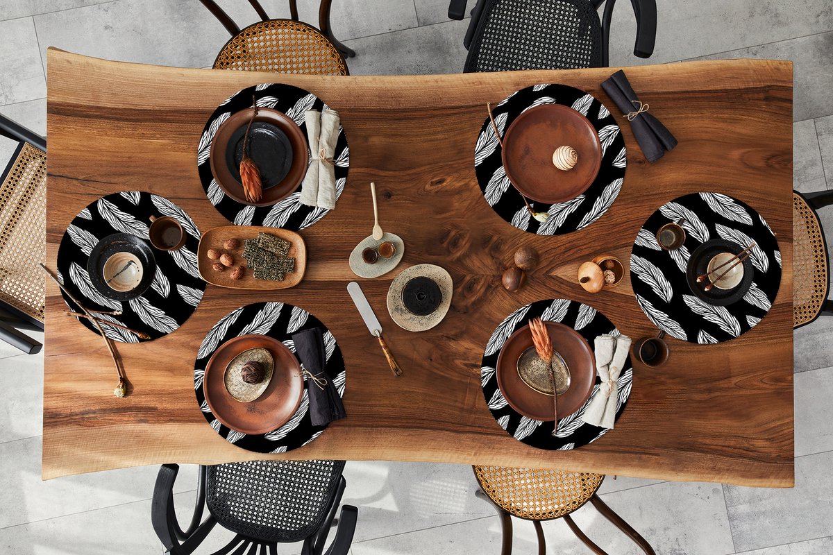 Ronde placemats - Onderlegger - Placemats rond - Patroon - Veren - Zwart Wit - 6 stuks
