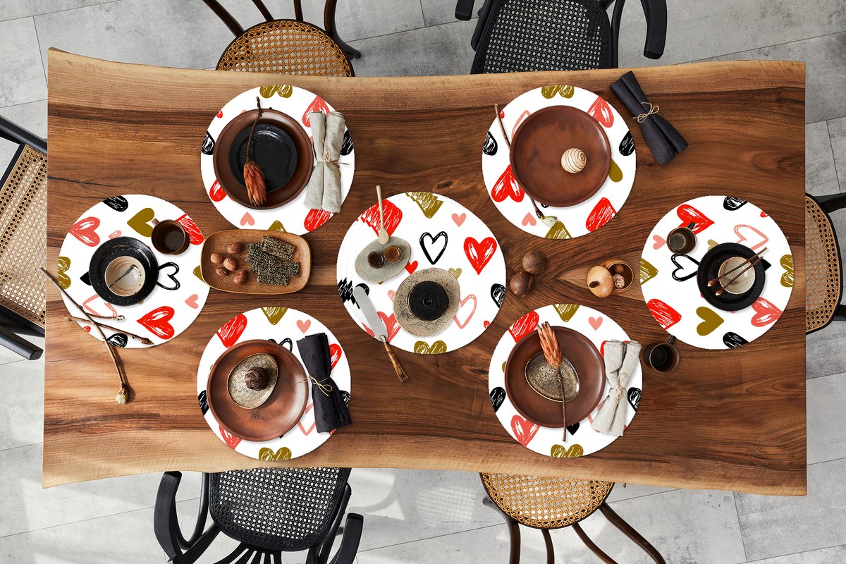 Ronde placemats - Onderlegger - Placemats rond - Hart - Schets - Valentijnsdag - 10 stuks