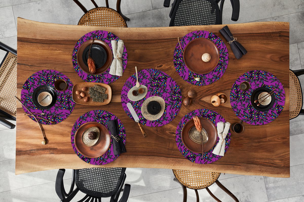 Ronde placemats - Onderlegger - Placemats rond - Veren - Patroon - Pluimen - Paars - 10 stuks