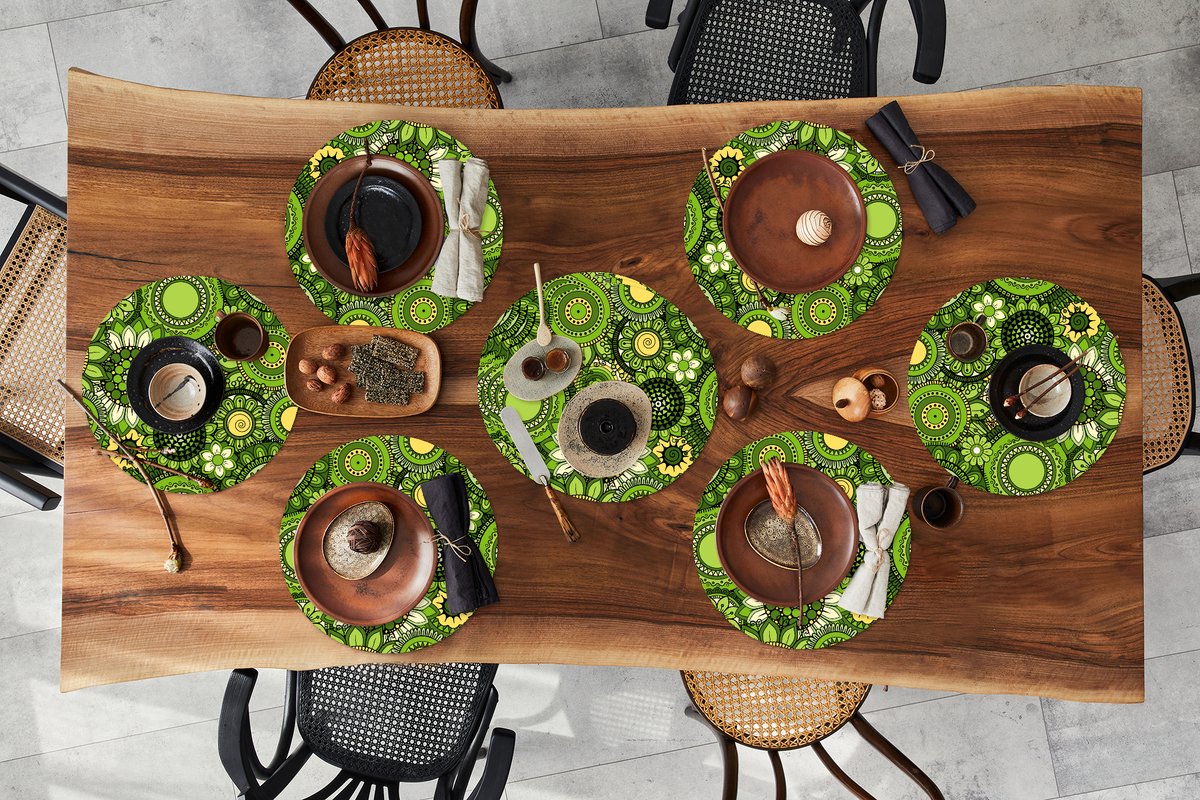 Ronde placemats - Onderlegger - Placemats rond - Bloemen - Groen - Patroon - 10 stuks