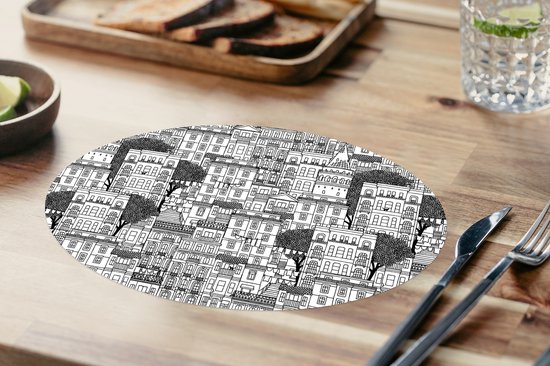 Napperons ovales - Sous-verres - Sets de table ovales - Motif - Maisons - Villes - 6 pièces
