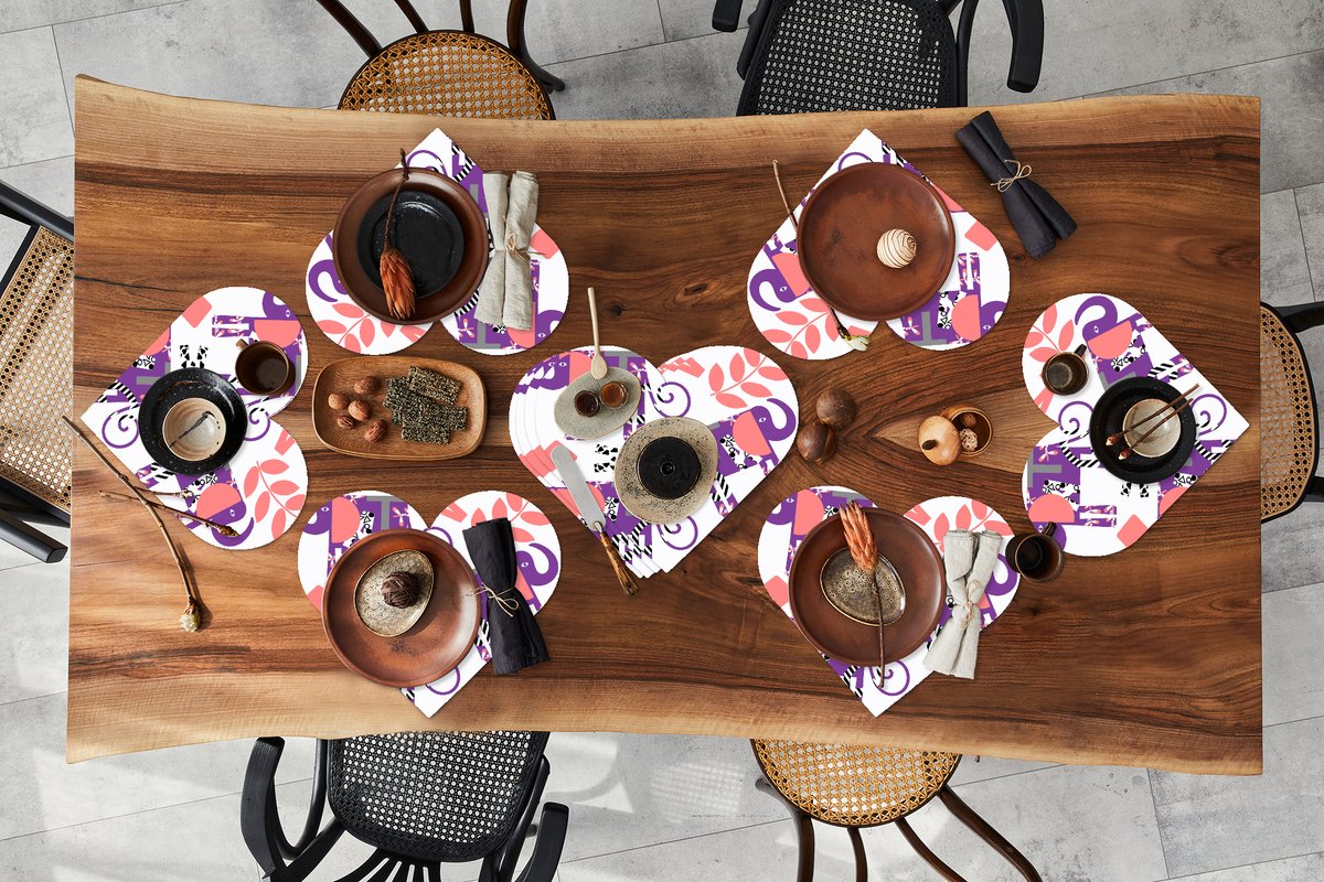 Onderleggers - Placemats - Placemats hartje - Olifanten - Bladeren - Paars - Patroon - 10 stuks