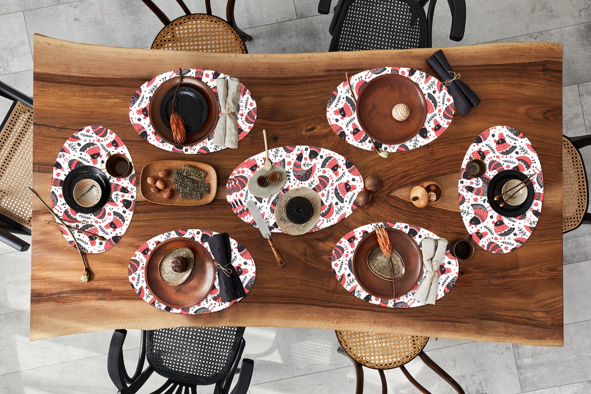 Placemats ovaal - Onderleggers - Ovale placemats - Vogel - Kip - Patroon - 10 stuks