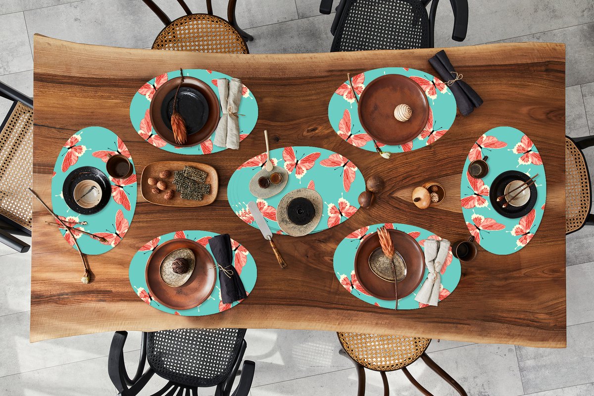 Placemats ovaal - Onderleggers - Ovale placemats - Vlinders - Roze - Patroon - 10 stuks