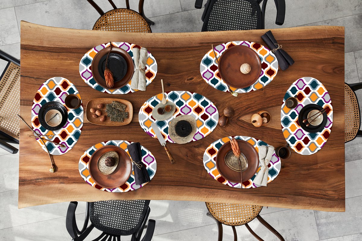 Placemats ovaal - Onderleggers - Ovale placemats - Retro - Lijn - Patroon - 8 stuks
