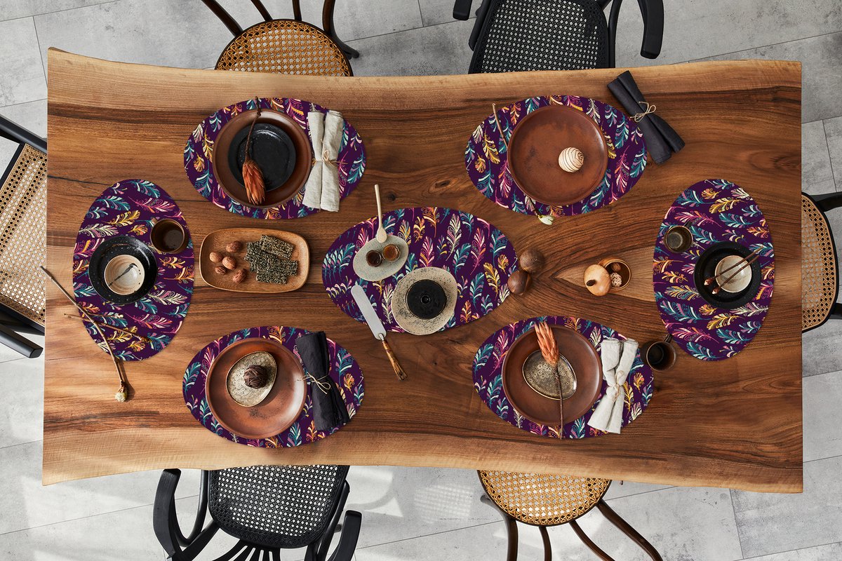 Placemats ovaal - Onderleggers - Ovale placemats - Puber - Veren - Boho - Patronen - 10 stuks