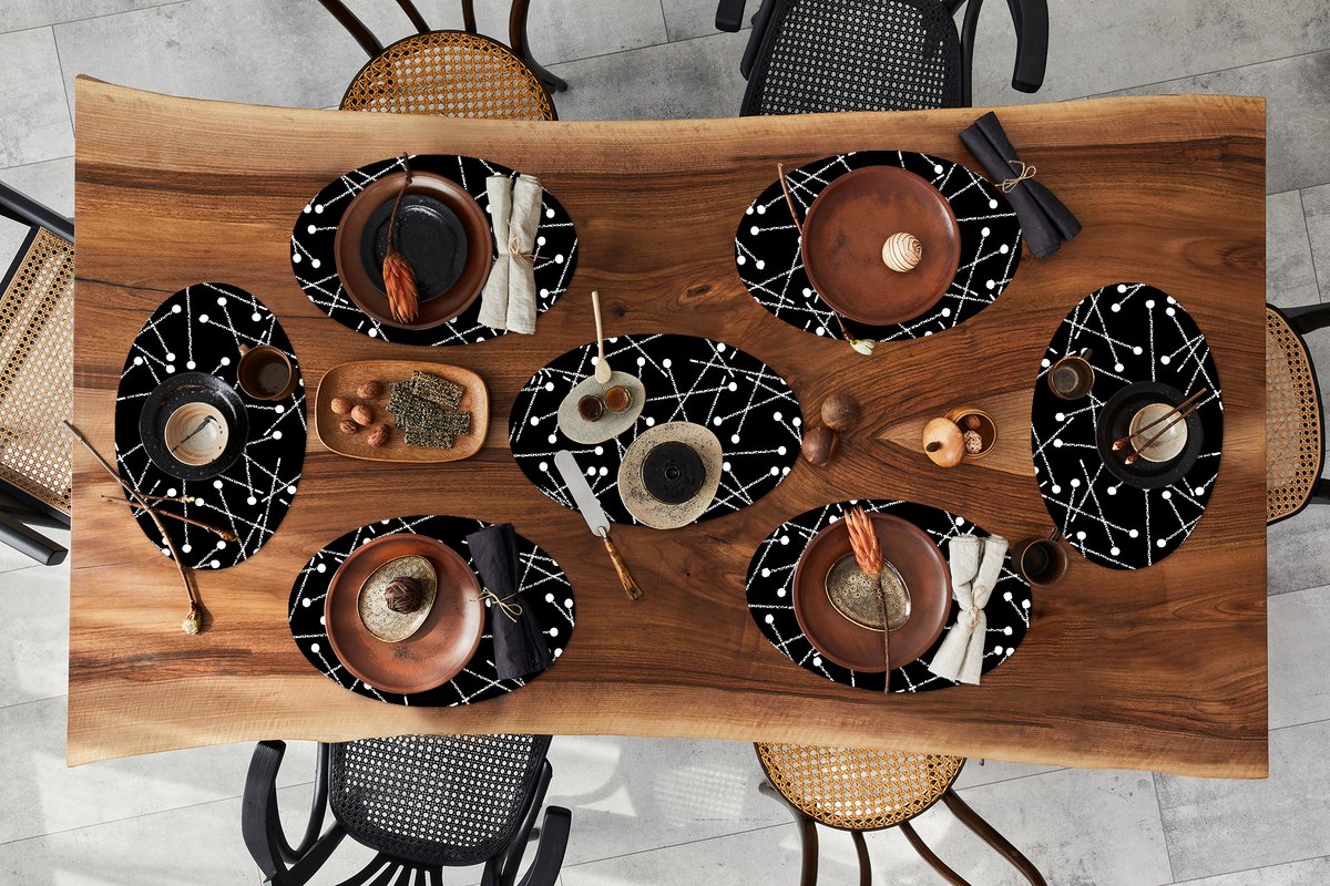 Placemats ovaal - Onderleggers - Ovale placemats - Patroon - Spelden - Zwart Wit - 8 stuks