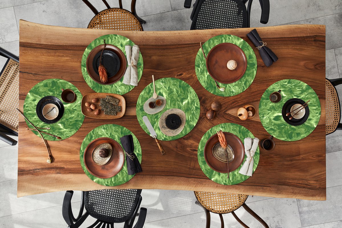 Ronde placemats - Onderlegger - Placemats rond - Verf - Marmer print - Groen - Design - 8 stuks