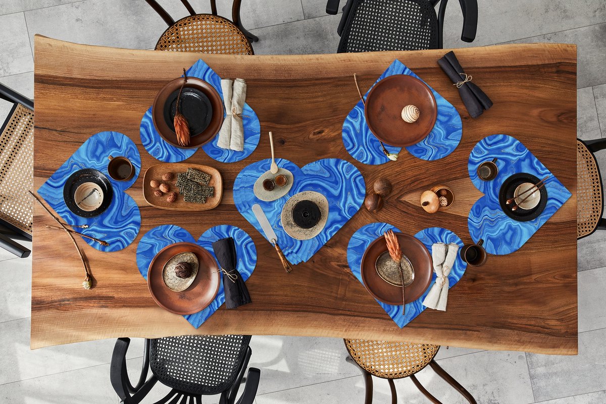 Onderleggers - Placemats - Placemats hartje - Marmer print - Blauw - Patroon - 10 stuks