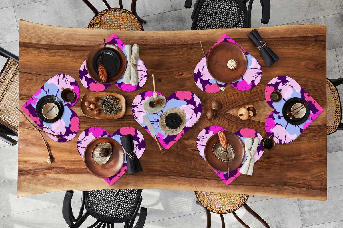 Onderleggers - Placemats - Placemats hartje - Pastel - Hibiscus - Bloem - Hawaii - Design - 8 stuks