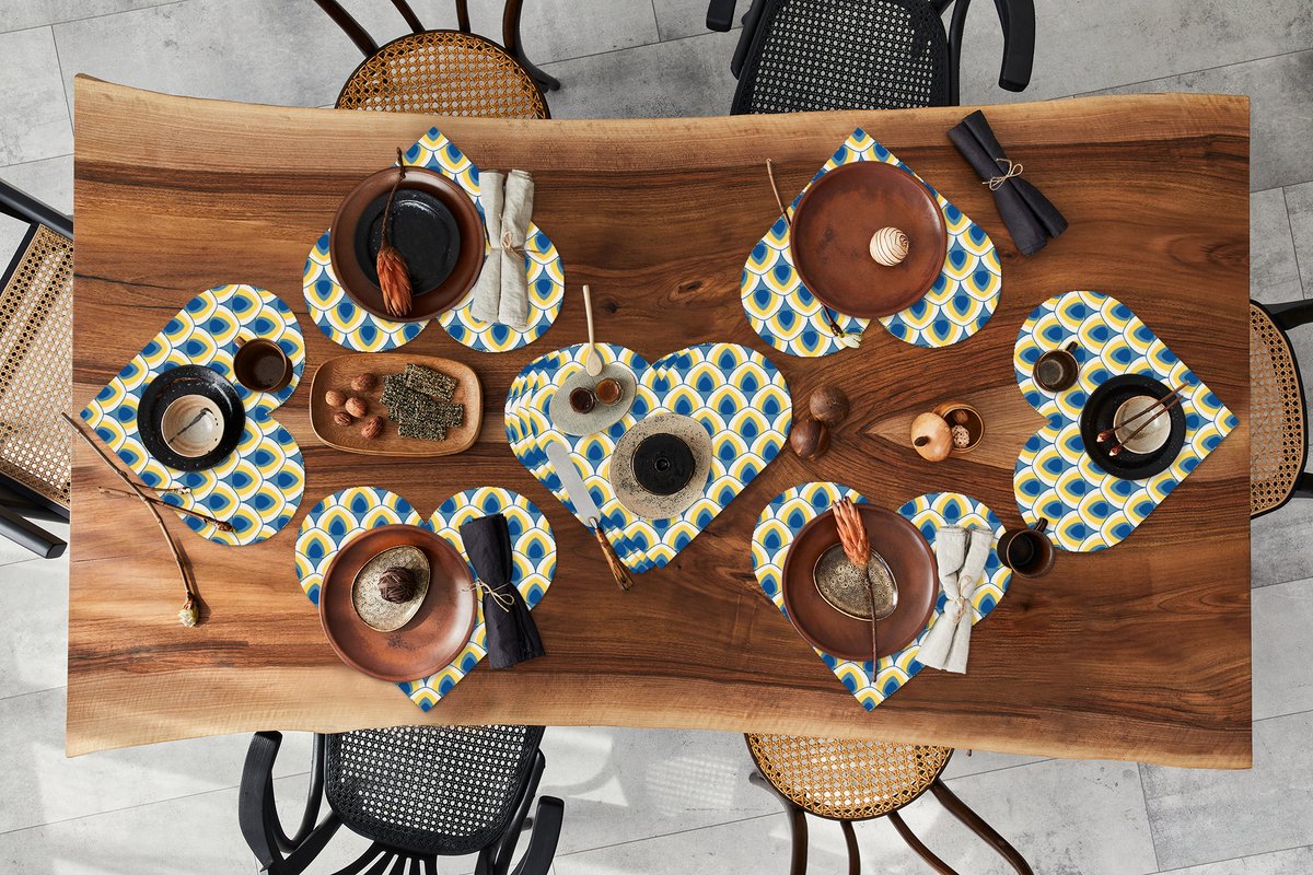 Onderleggers - Placemats - Placemats hartje - Design - Patroon - Retro - Geel - Blauw - 10 stuks