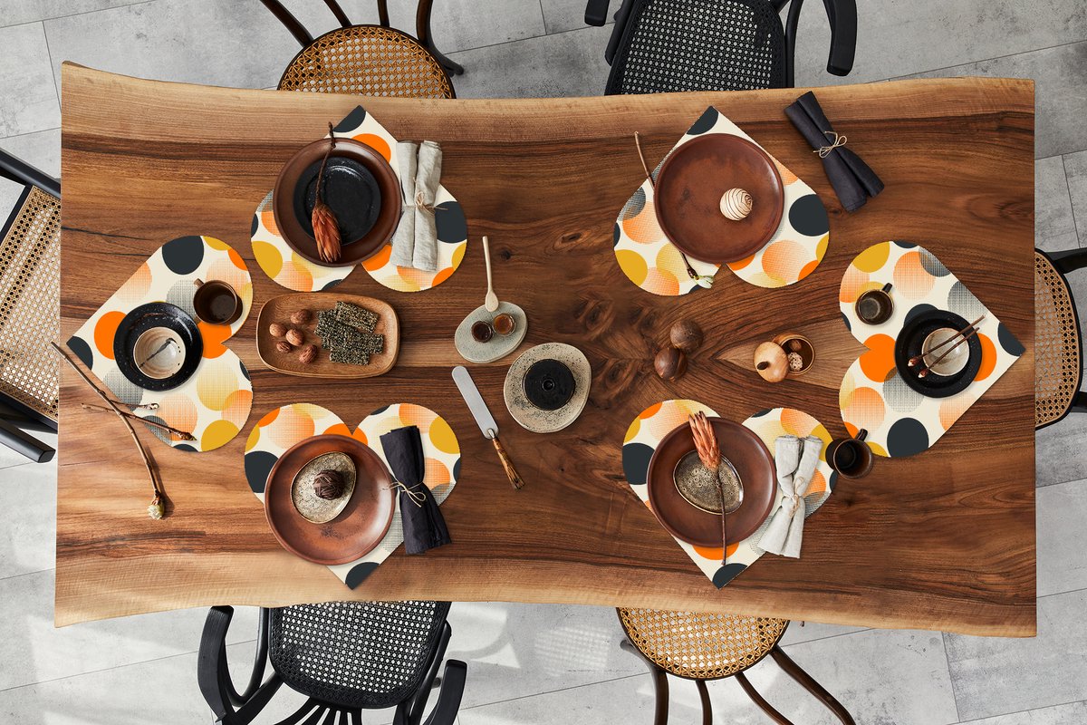 Onderleggers - Placemats - Placemats hartje - Polkadot - Design - Retro - Oranje - 6 stuks