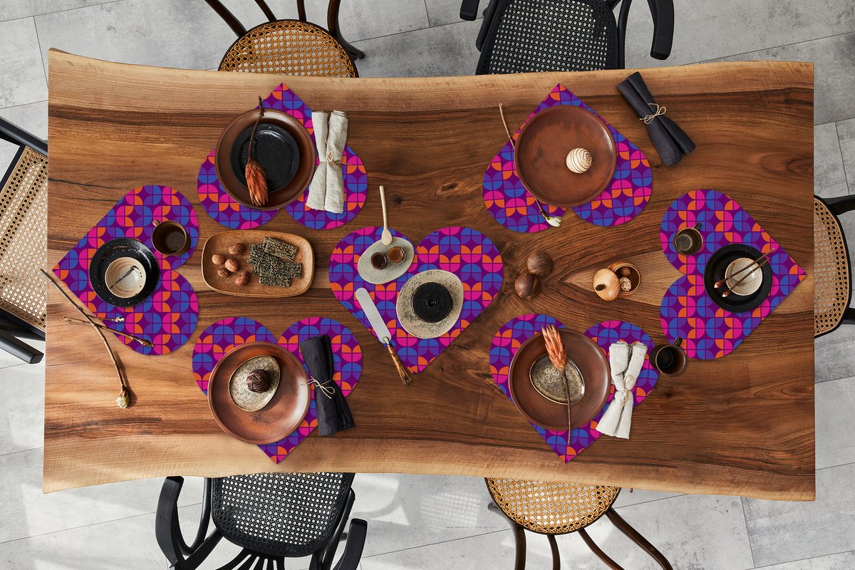 Onderleggers - Placemats - Placemats hartje - Tulpen - Patroon - Retro - 8 stuks