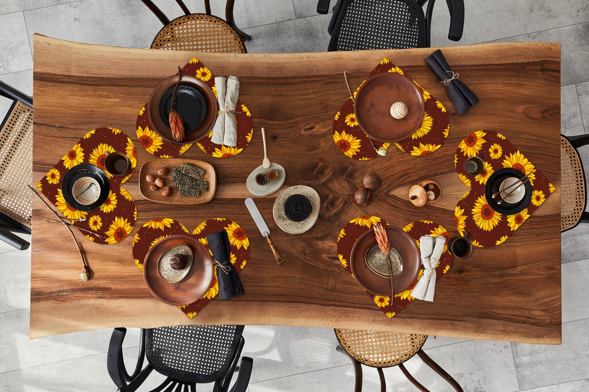 Onderleggers - Placemats - Placemats hartje - Zonnebloem - Bohemian - Flora - Patroon - 6 stuks