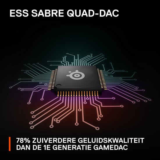 Een zwart circuitbord met een Steelseries chip en de tekst "ESS SABRE QUAD-DAC" en "78% ZUIVERDERE GELUIDSKWALITEIT DAN DE 1E GENERATIE GAMEDAC".