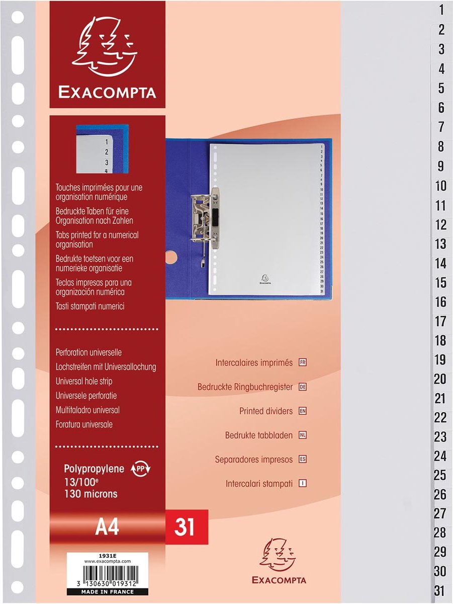 Exacompta 20x Tabbladen met bedrukte tabs in gerecycled PP - 31 tabs -1 tot 31 - A4 - Grijs - 1931E