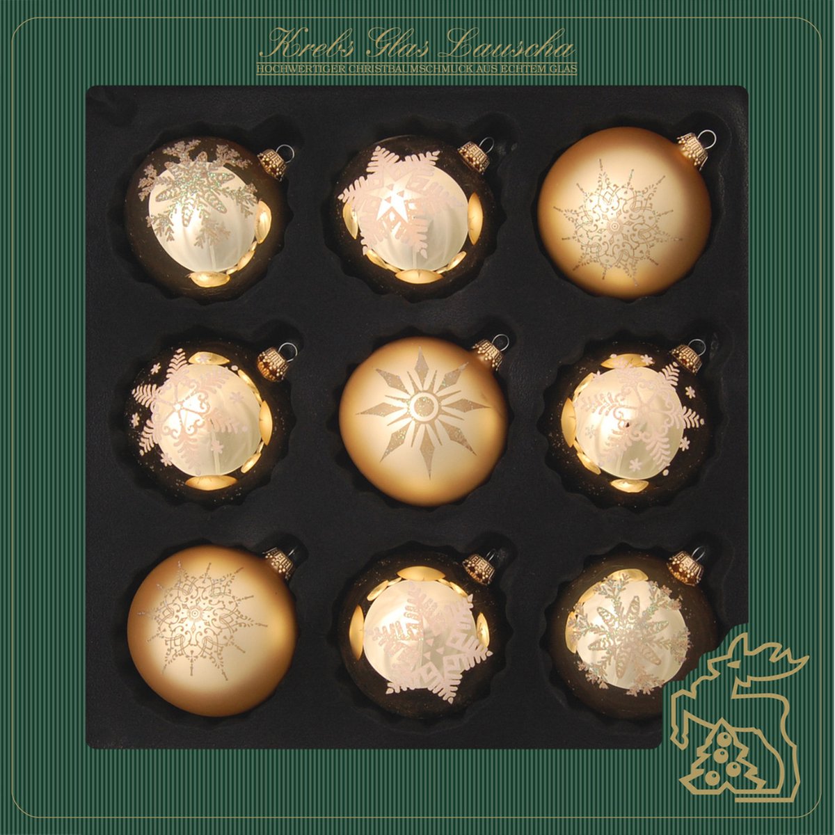 Krebs Kerstballen - 9 stuks - goud - gedecoreerd - glas - 7 cm