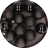 12x Zwarte kunststof kerstballen 6 cm - Mat/glans - Onbreekbare plastic kerstballen - Kerstboomversiering zwart