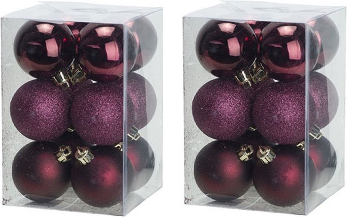 24x stuks kunststof kerstballen aubergine roze 6 cm mat/glans/glitter -Onbreekbare plastic kerstballen - Kerstversiering