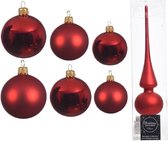 Groot pakket glazen kerstballen kerstrood glans/mat 50x stuks - 4-6-8 cm incl piek mat 26 cm