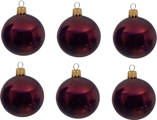 Six boules de Noël en verre rouge foncé avec capuchons dorés, D8 cm.