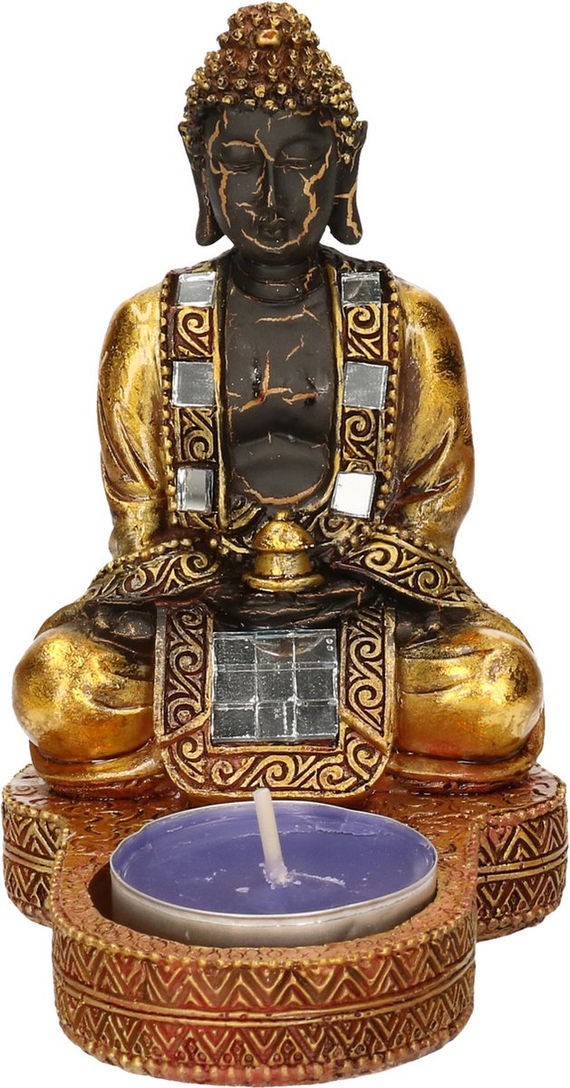 Boeddha theelichthouder - goud/zwart - polystone - 12 cm - waxinelichthouder
