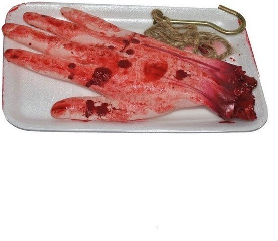 Halloween decoraties - Afgehakte hand met vleeshaak - 19 cm - Horror scene - pvc - lichaamsdelen versieringen
